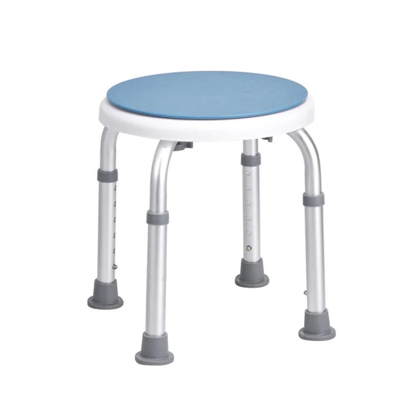 Height adjustable shower stool with blue seat and grey anti-slip pads.