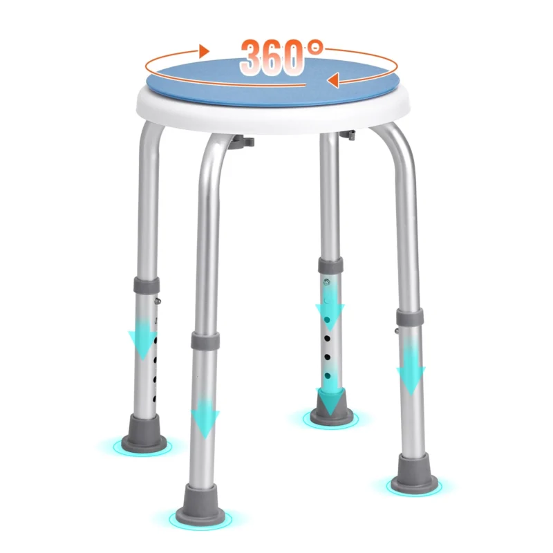 Shower stool with 360° rotating seat and adjustable legs.