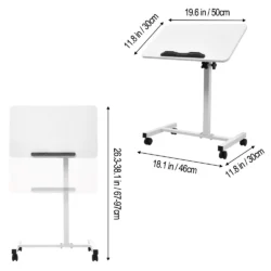 White over bed table tray with adjustable height and rotating tabletop.