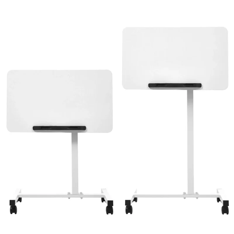 Two white over bed table trays with black edges on castors.