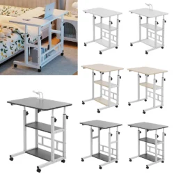 Multiple variants of height adjustable over bed chair tables with wheels.