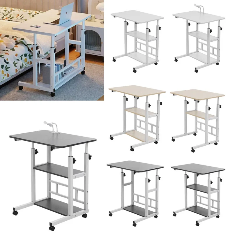 Multiple variants of height adjustable over bed chair tables with wheels.