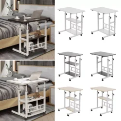 Multiple variants of a height adjustable over bed chair table with wheels.