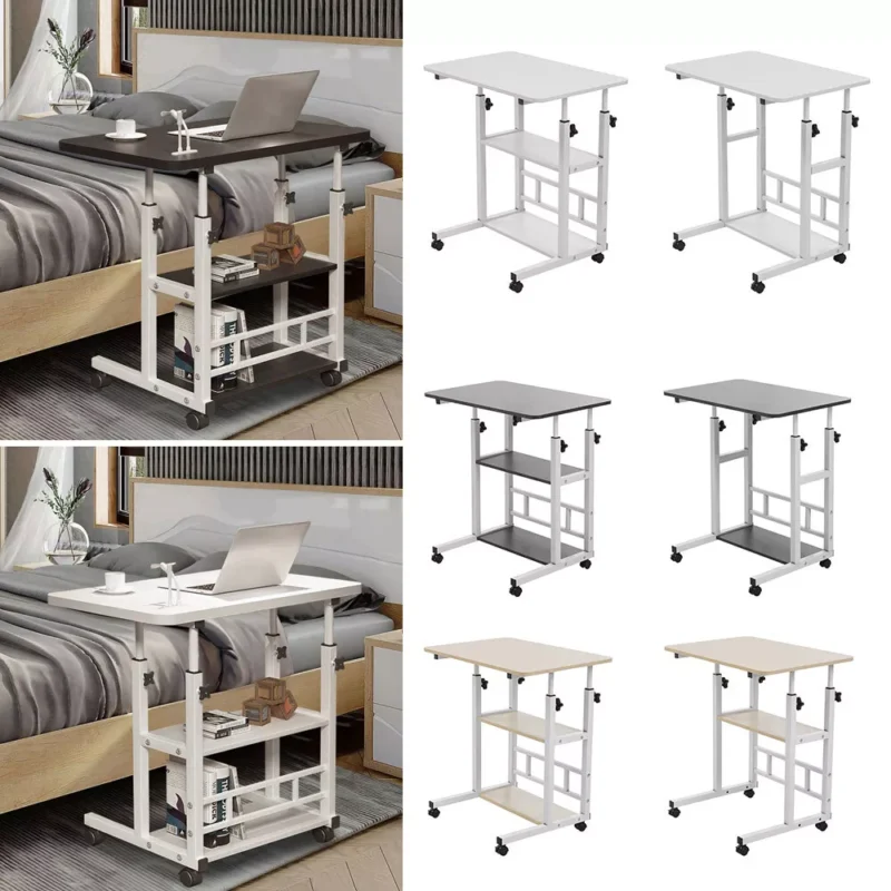 Multiple variants of a height adjustable over bed chair table with wheels.