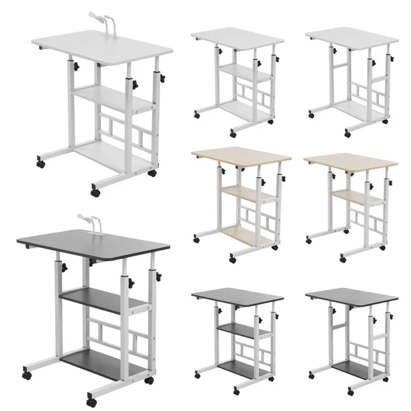 Eight mobile over bed chair tables in different colors and tiers.