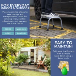 Person standing on a grey step stool next to a car.