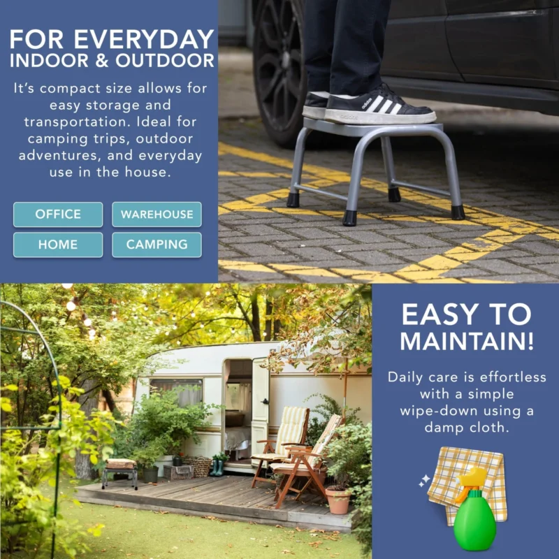 Person standing on a grey step stool next to a car.
