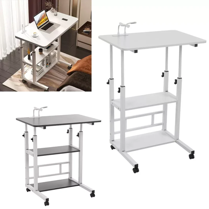 White height adjustable over bed table with wheels and two tiers.