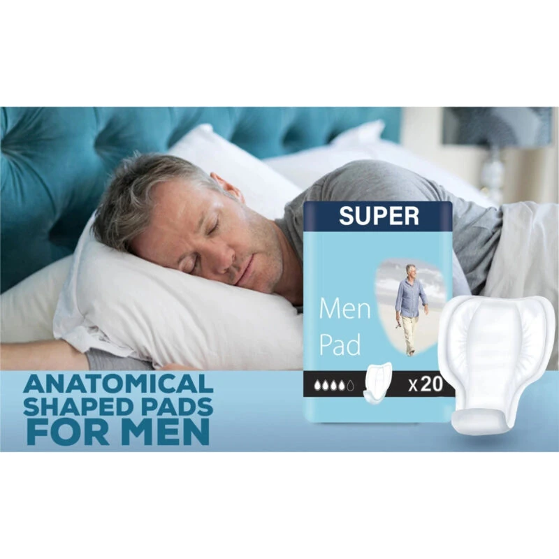 Packaging of men's incontinence pads with a man sleeping peacefully.