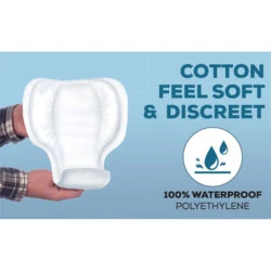 Incontinence pad held by hands, text reads 'Cotton Feel Soft & Discreet'.