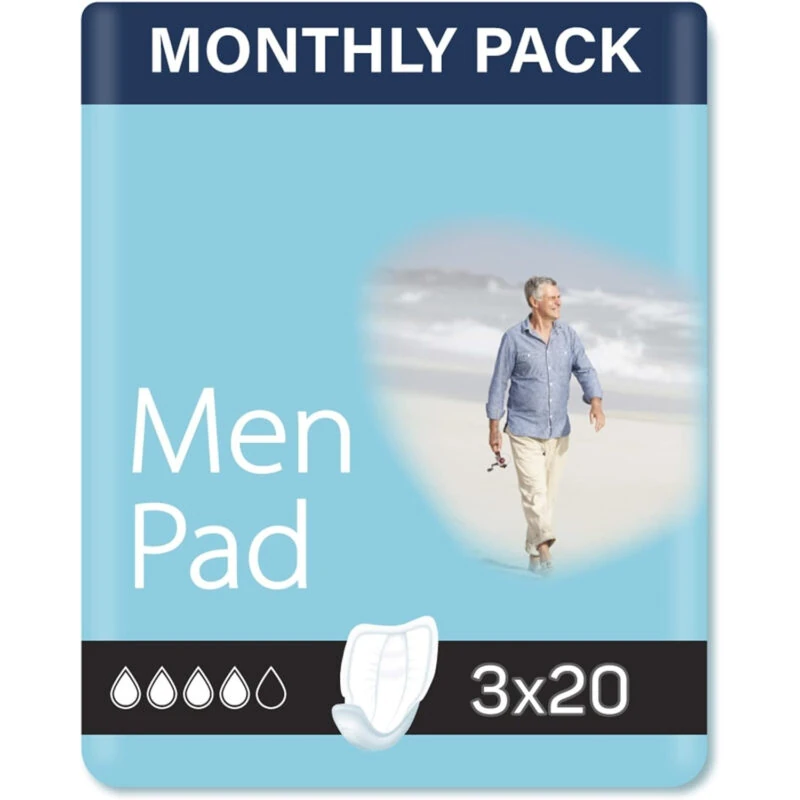 Packaging for men's incontinence pads showing a man walking on a beach.
