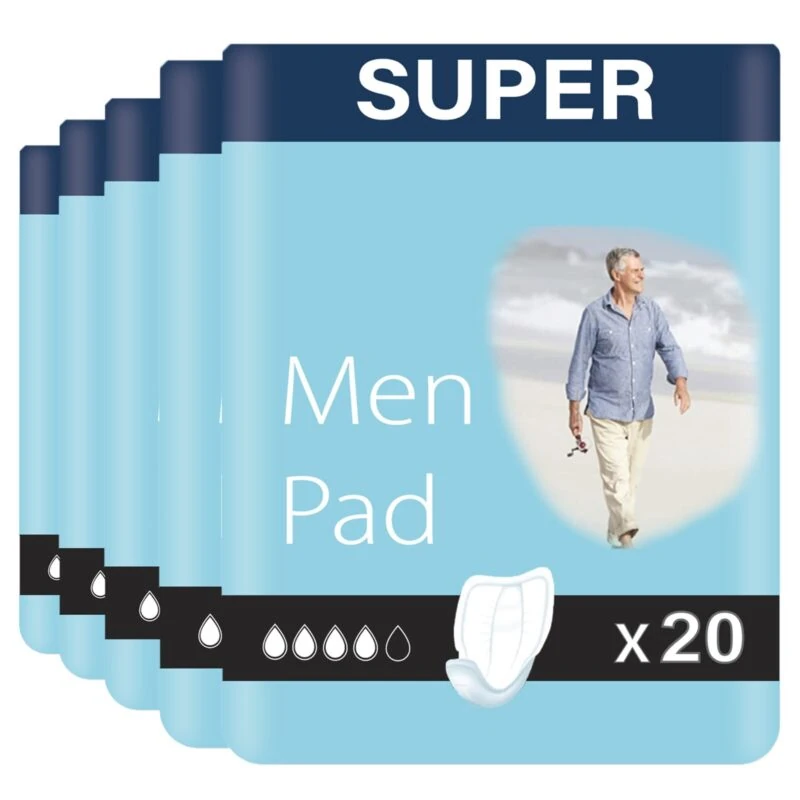 Packaging of men's incontinence pads with image of a man on a beach.