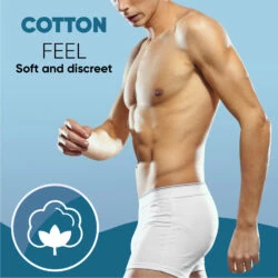 Man in white underwear with cotton feel text.
