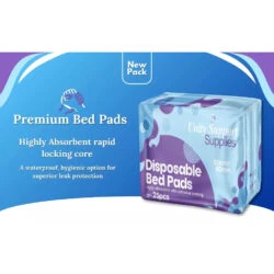 Pack of 25 disposable bed pads with visible branding and features.