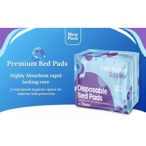 Package of Disposable Bed Pads with adhesive backing, 60cm x 90cm, 25 pieces.