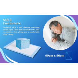 Stack of blue bed pads next to a sleeping person, text reads 'Soft & Comfortable'.