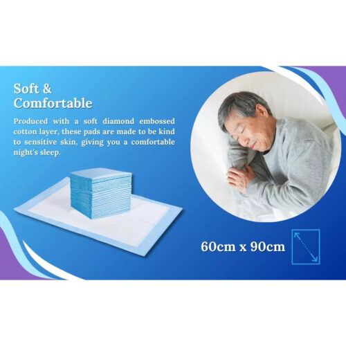 Stack of blue bed pads next to a sleeping person, text reads 'Soft & Comfortable'.