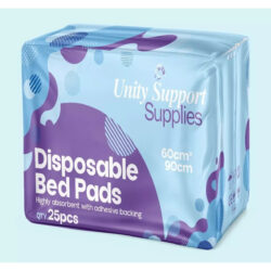 Unity Support Supplies Disposable Bed Pads package showing size and quantity.
