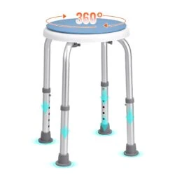 Height adjustable shower stool with 360° rotating seat and anti-slip pads.