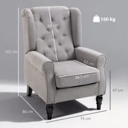 Grey retro accent chair with visible dimensions and weight capacity.