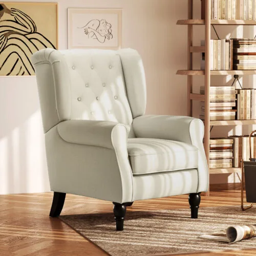 Retro accent chair with tufted back and wooden legs in a cozy living room.