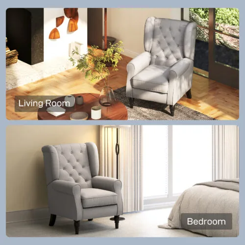 Grey retro accent chair with tufted back in living room and bedroom settings.