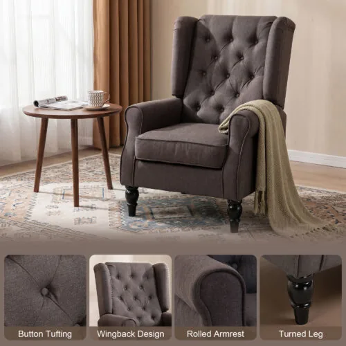 Retro wingback armchair with tufted back and wooden legs in a living room setting.