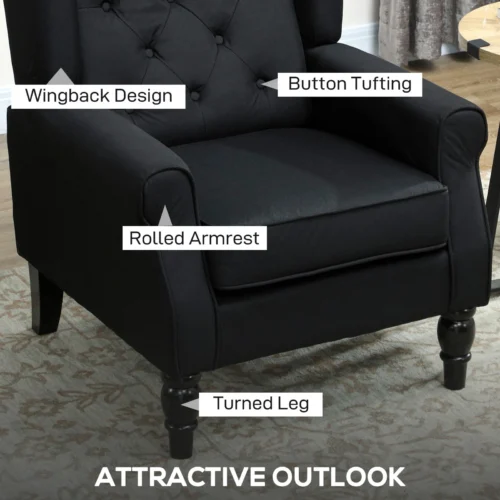 Black wingback armchair with button tufting and labeled features.