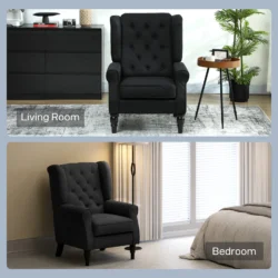 Black tufted wingback armchair in living room and bedroom settings.