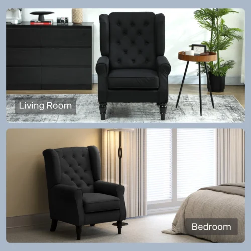 Black tufted wingback armchair in living room and bedroom settings.