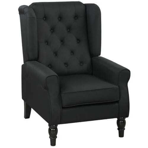 Black tufted wingback armchair with wooden legs.
