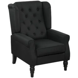 Black retro wingback armchair with tufted backrest.