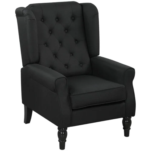 Black retro wingback armchair with tufted backrest.