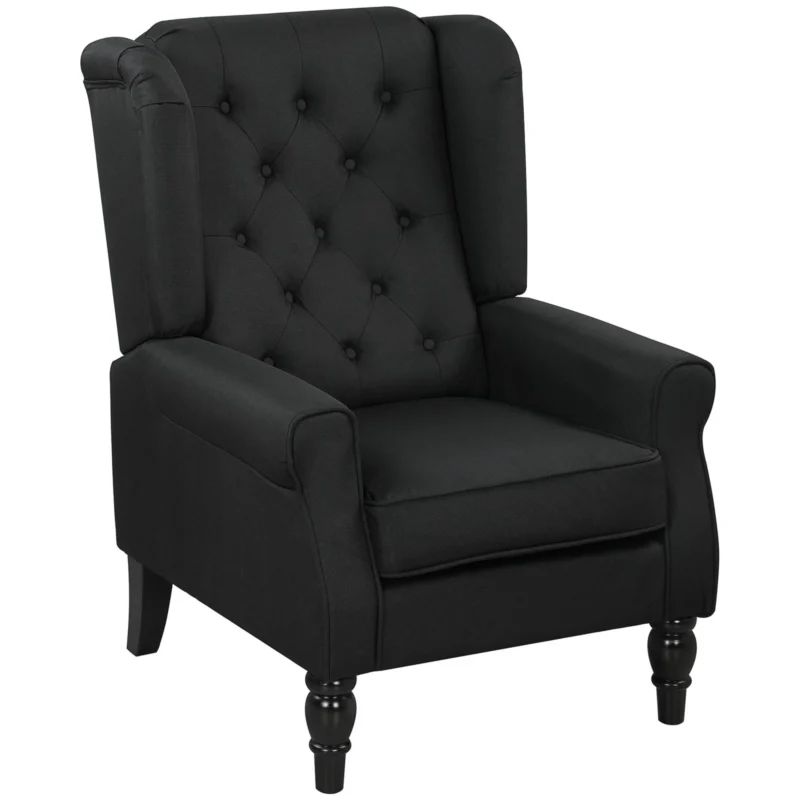 Black retro wingback armchair with tufted backrest.