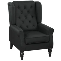 Black wingback armchair with tufted backrest and wooden legs.