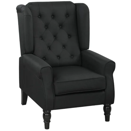 Black wingback armchair with tufted backrest and wooden legs.