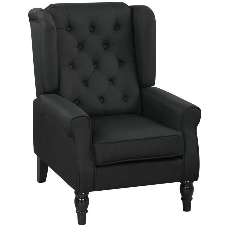Black wingback armchair with tufted backrest and wooden legs.