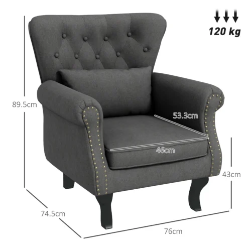 Dark grey tufted wingback armchair with dimensions and weight limit.