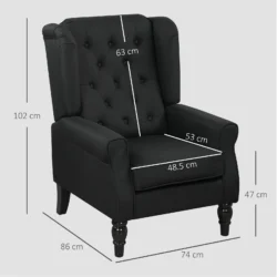 Black retro wingback armchair with tufted back and visible dimensions.