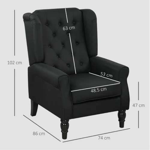 Black retro wingback armchair with tufted back and visible dimensions.
