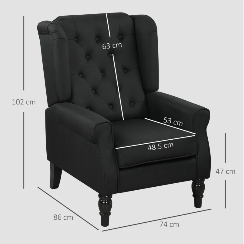 Black retro wingback armchair with tufted back and visible dimensions.