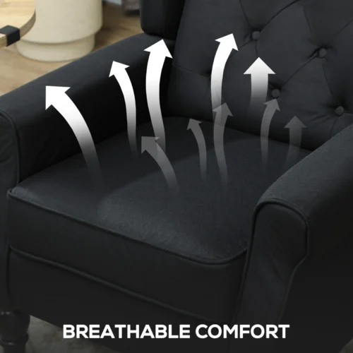 Black fabric wingback armchair with breathable comfort arrows.