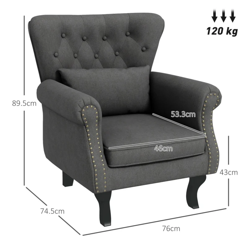 Dark grey tufted wingback armchair with dimensions and weight limit.