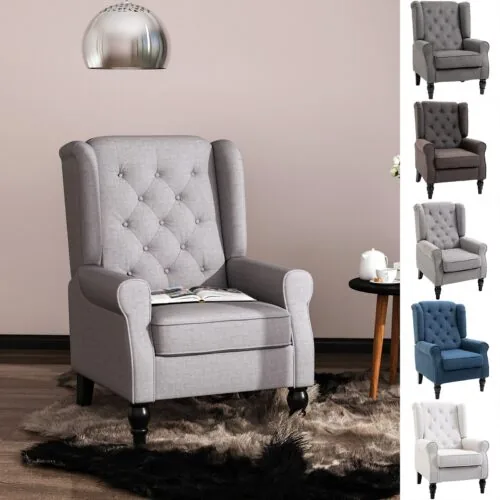 Grey retro accent chair with tufted back in a living room.
