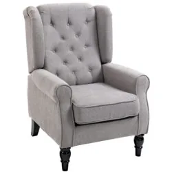 Grey retro wingback armchair with tufted back and wooden legs.