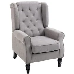 Grey retro wingback armchair with tufted back and wooden legs.
