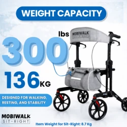 MobiWalk SIT-RIGHT Rollator with weight capacity details.