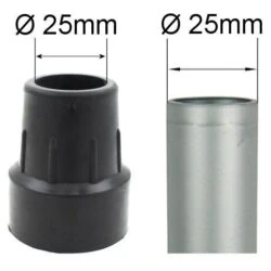 Black rubber ferrule next to a metal tube, both labeled with a diameter of 25mm.