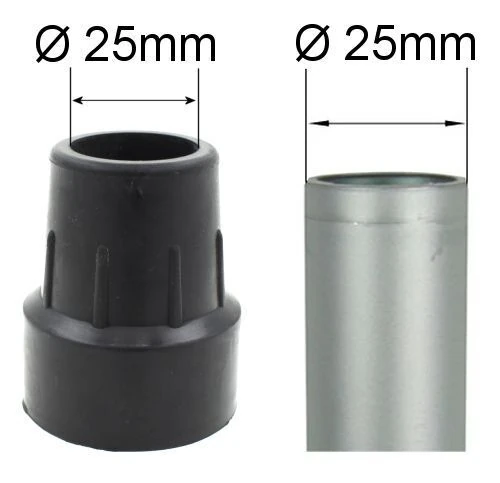 Black rubber ferrule next to a metal tube, both labeled with a diameter of 25mm.