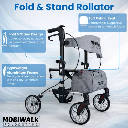 MobiWalk Fold & Stand Rollator with 8-inch wheels and storage bag.